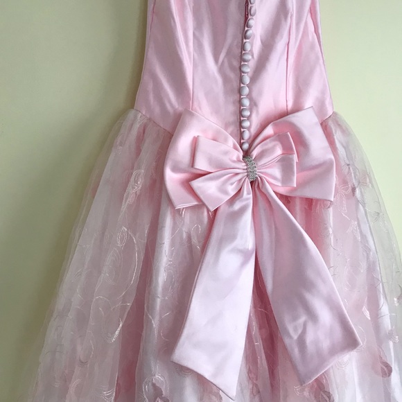 Pastel Pink Satin & Embroidered Tulle Prom Dress Princess Bow Ballgown - Picture 3 of 6